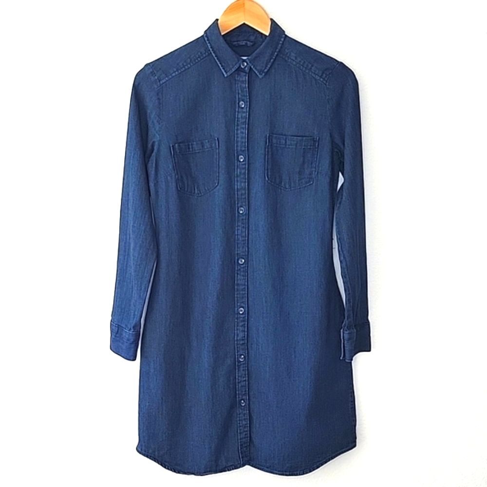A NEW DAY 100% Cotton Blue Denim Long Sleeve Collared Button Down Shirt Dress XS